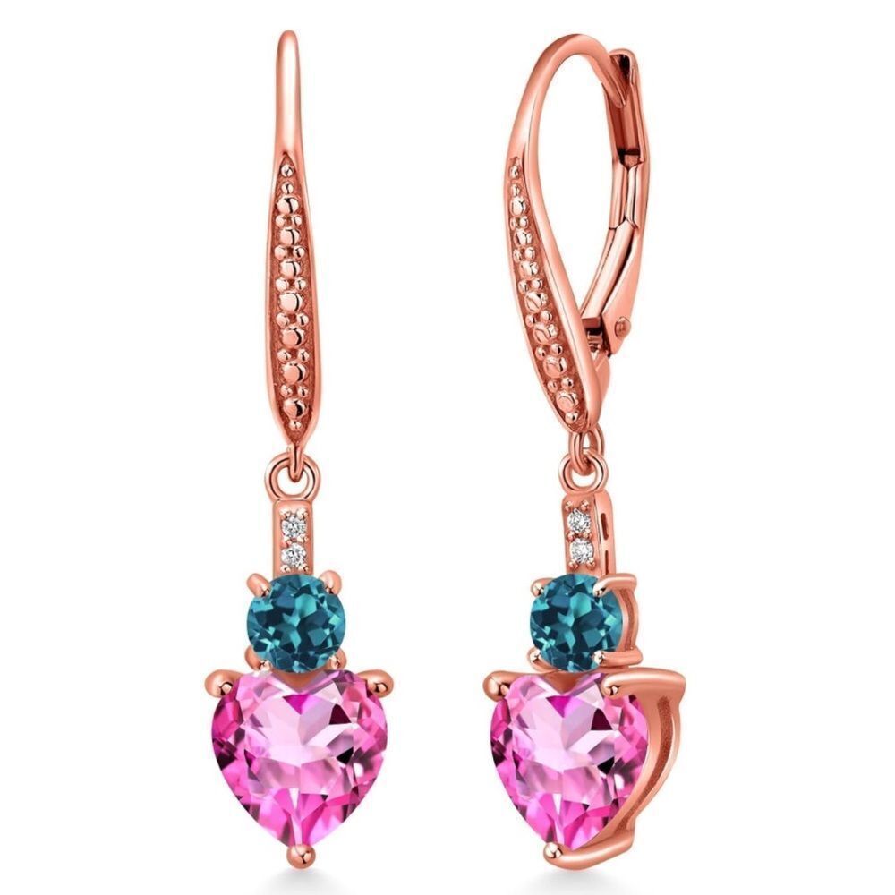 18K Rose Gold 3.29 Cttw Pink Mystic Topaz and London Blue Topaz Heart Earrings